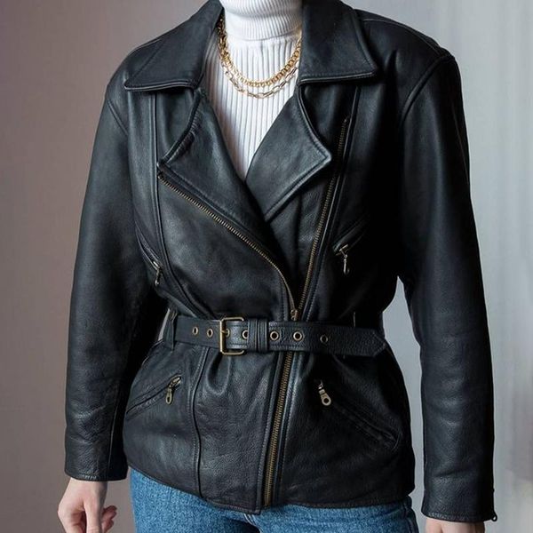 women's leather & faux hadara fashion tie belt high imitation coats women elegant moto biker pu jackets turn down collar ladies, Black
women's leather & faux hadara fashion tie belt high imitation coats women elegant moto biker pu jackets turn down collar ladies, Black
