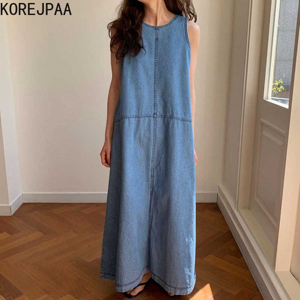 korejpaa women dress summer korea chic ladies french simple temperament round neck line design loose denim vest vestido 210526, Black;gray 
korejpaa women dress summer korea chic ladies french simple temperament round neck line design loose denim vest vestido 210526, Black;gray