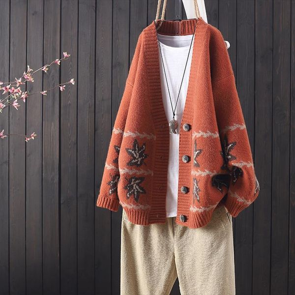 v neck maple leaf retro women sweater knit cardigan fall loose jacket womens button, White;black
v neck maple leaf retro women sweater knit cardigan fall loose jacket womens button, White;black