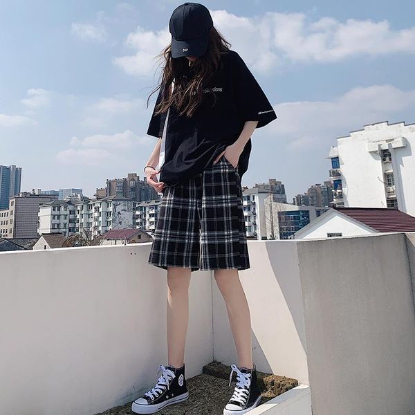 women's shorts women summer black plaid cotton loose korean-style high waist harajuku simple oversize trousers female, White;black
women's shorts women summer black plaid cotton loose korean-style high waist harajuku simple oversize trousers female, White;black