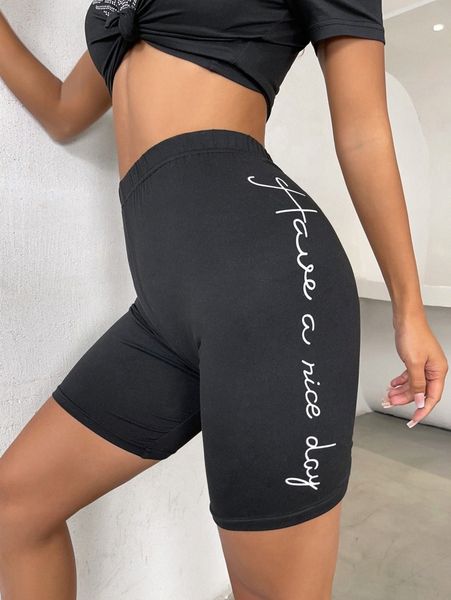 slogan graphic biker shorts u1ku#, Black