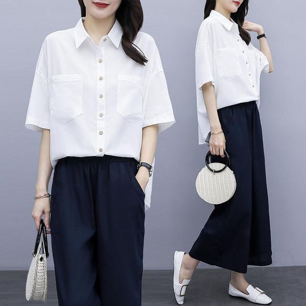 women's two piece pants korean version large size thin shirt wide leg suit trousers set survetement femme 2 summer costumes for women, White
women's two piece pants korean version large size thin shirt wide leg suit trousers set survetement femme 2 summer costumes for women, White