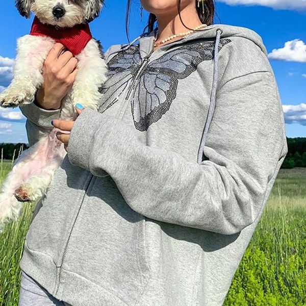 women's hoodies & sweatshirts y2k fashion oversized butterfly graphic rhinestone zip up e-girl 90s streetwear diamond grey long jacket, Black
women's hoodies & sweatshirts y2k fashion oversized butterfly graphic rhinestone zip up e-girl 90s streetwear diamond grey long jacket, Black