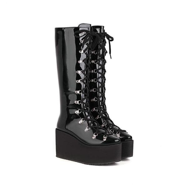 dress shoes gothic lolita boots muffin thick bottom slope heel high side zipper punk front lace up women's knee, Black
dress shoes gothic lolita boots muffin thick bottom slope heel high side zipper punk front lace up women's knee, Black