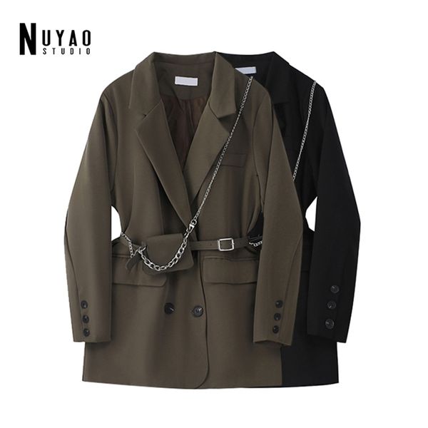 women pocket big size blazer lapel long sleeve loose vintage fit jacket with waist bag autumn winter female coats 210930, White;black
women pocket big size blazer lapel long sleeve loose vintage fit jacket with waist bag autumn winter female coats 210930, White;black