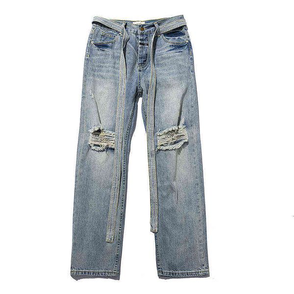 6 season streamer worn jeans autumn winter fog high version light blue perforated men's pants
6 season streamer worn jeans autumn winter fog high version light blue perforated men's pants