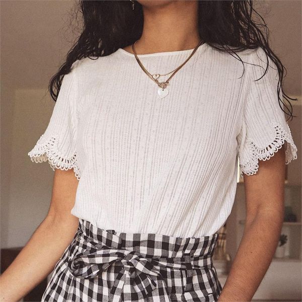 2021 new cleo chic knitted t-shirt women o neck short sleeve lace ruffles elegant shirts summer autumn vintage white black tees tunic mtg2
2021 new cleo chic knitted t-shirt women o neck short sleeve lace ruffles elegant shirts summer autumn vintage white black tees tunic mtg2