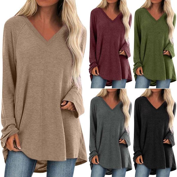 plus women's baggy v-neck long sleeve t-shirt blouse tunic solid, White 
plus women's baggy v-neck long sleeve t-shirt blouse tunic solid, White