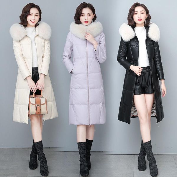 women's leather & faux fur down jacket middle and long 2021 winter thickened coat big collar fashion, Black
women's leather & faux fur down jacket middle and long 2021 winter thickened coat big collar fashion, Black