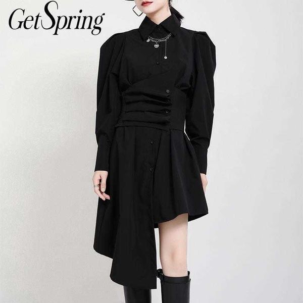 getspring women dress puff sleeve single breasted shirt es loose casual asymmetrical irregular long es with belt 210601, Black;gray
getspring women dress puff sleeve single breasted shirt es loose casual asymmetrical irregular long es with belt 210601, Black;gray