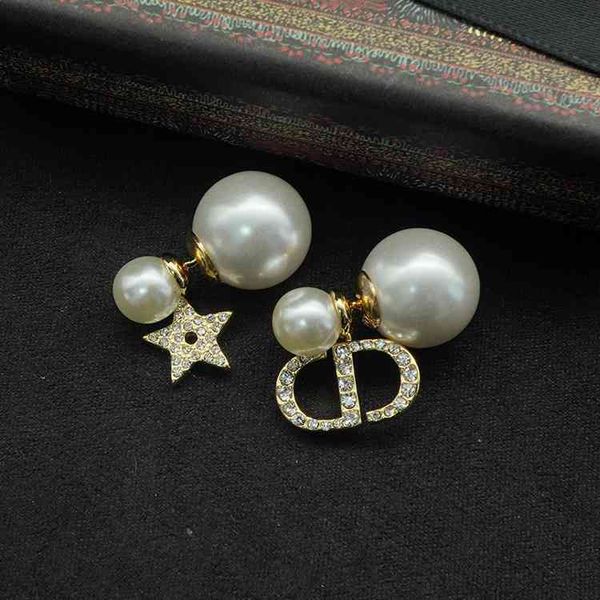 di d fashion cd designer / jewelry earrings diamond home inlaid asymmetric luxury pearl star women's live broadcast with goods, Red;brown