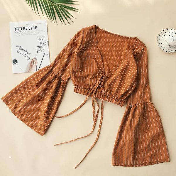 women's crop v neck striped print short blouse ladies slim lace up shirt blouse women, White
women's crop v neck striped print short blouse ladies slim lace up shirt blouse women, White