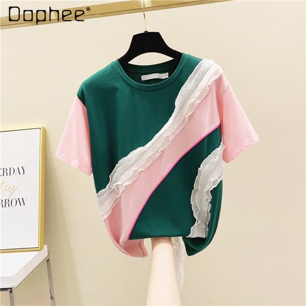 women's t-shirt 2021 summer korean style ruffled color matching short sleeve cotton half fashion, White
women's t-shirt 2021 summer korean style ruffled color matching short sleeve cotton half fashion, White