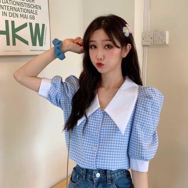 women's blouses & shirts summer 2021 korean plaid bubble short sleeve shirt sense of design niche casual trend, White
women's blouses & shirts summer 2021 korean plaid bubble short sleeve shirt sense of design niche casual trend, White