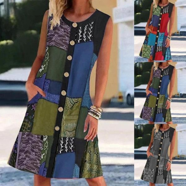 casual dresses dress 2021 summer patchwork pockets mid length ladies sleeveless loose pocket beach wear for holiday, Black;gray