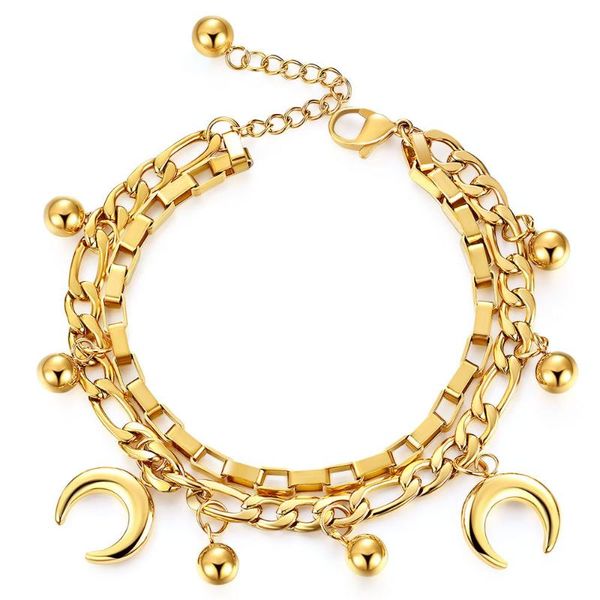 link, chain 316l stainless steel double layer stitching moon beads multiple pendants stacking bracelet women not fade, Black
link, chain 316l stainless steel double layer stitching moon beads multiple pendants stacking bracelet women not fade, Black