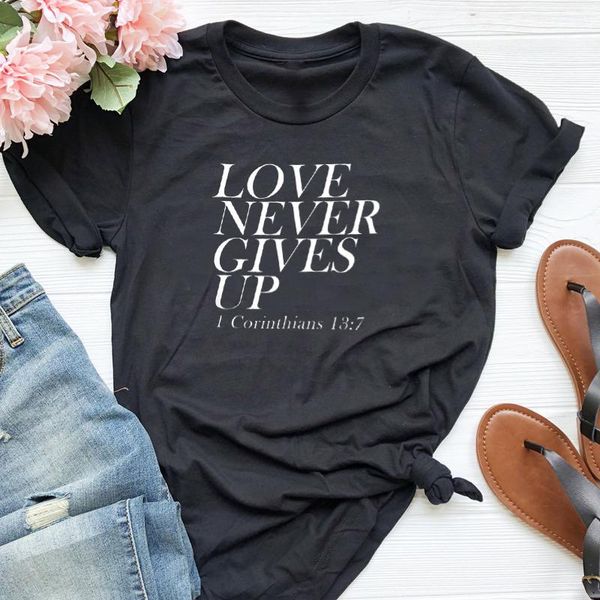 women's t-shirt love never gives up christian jesus 100% cotton women fashion funny graphic harajuku shirt o neck short sleeve girl tee, White
women's t-shirt love never gives up christian jesus 100% cotton women fashion funny graphic harajuku shirt o neck short sleeve girl tee, White