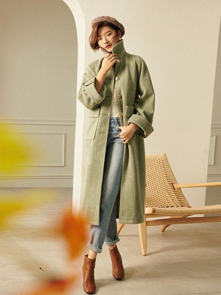 women's wool & blends vintage green women woolen coat fashion turn-down collar long sleeve loose overcoat 2021 autumn winter outwear ja, Black
women's wool & blends vintage green women woolen coat fashion turn-down collar long sleeve loose overcoat 2021 autumn winter outwear ja, Black