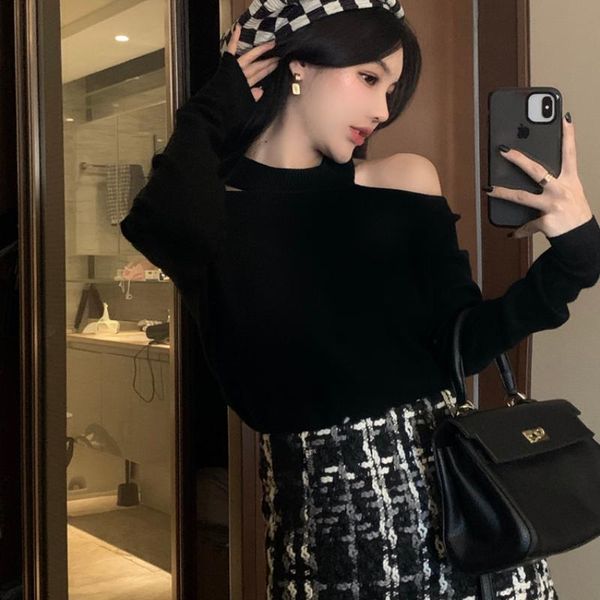 women's tracksuits clothing autumn two piece set vintage style houndstooth high waist skirt aesthetic black halter off shoulder top, Gray
women's tracksuits clothing autumn two piece set vintage style houndstooth high waist skirt aesthetic black halter off shoulder top, Gray