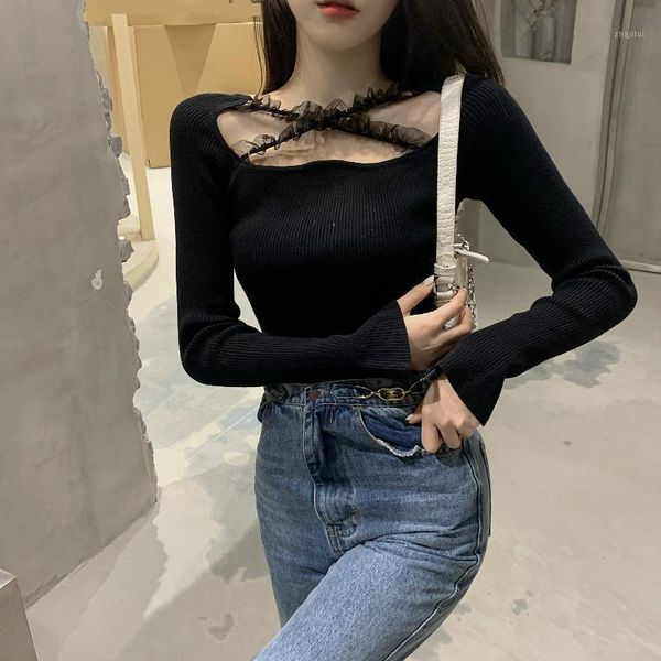 women autumn winter sweater pullover lace cross female knitted slim long sleeve bodycon women's sweaters, White;black
women autumn winter sweater pullover lace cross female knitted slim long sleeve bodycon women's sweaters, White;black