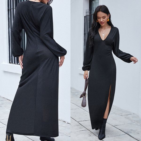2021 new women's autumn v-neck solid color stretch silk long sleeve irregular s female high split maxi vestidos cei7, Black;gray
2021 new women's autumn v-neck solid color stretch silk long sleeve irregular s female high split maxi vestidos cei7, Black;gray