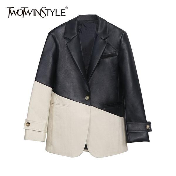twotwinstyle patchwork pu leather women's blazer coat lapel collar long sleeve loose hit color for female casual coats 211122, White;black
twotwinstyle patchwork pu leather women's blazer coat lapel collar long sleeve loose hit color for female casual coats 211122, White;black