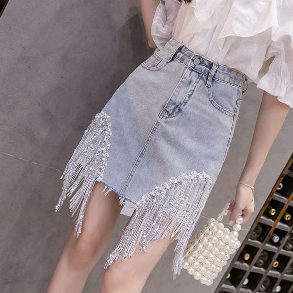 2021 summer new fashion denim high waist slim a-line short pin bead sequin tassel skirt women, Blue
2021 summer new fashion denim high waist slim a-line short pin bead sequin tassel skirt women, Blue