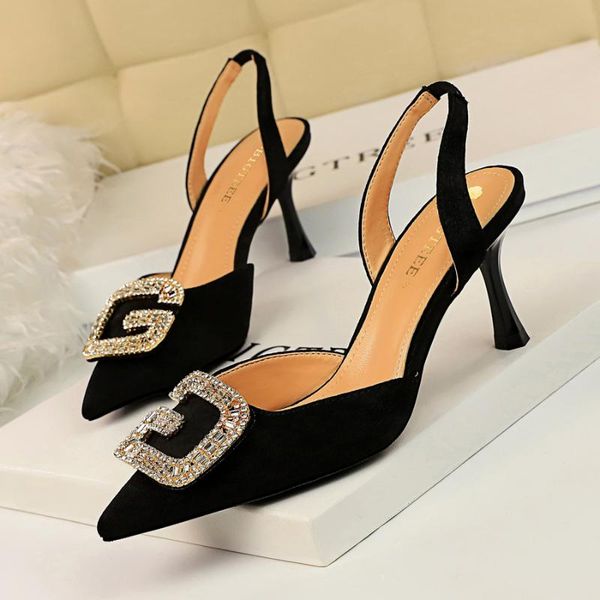 2021 party women's shoes with high heel and shallow pointed toe hollowed-out back strap metal rhinestone buckle sandals, Black
2021 party women's shoes with high heel and shallow pointed toe hollowed-out back strap metal rhinestone buckle sandals, Black
