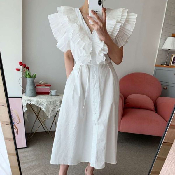 temperament heavy korean chic french elegant industry v-neck single breasted pleated ruffle lace up waist swing dress hot, Black;gray
temperament heavy korean chic french elegant industry v-neck single breasted pleated ruffle lace up waist swing dress hot, Black;gray
