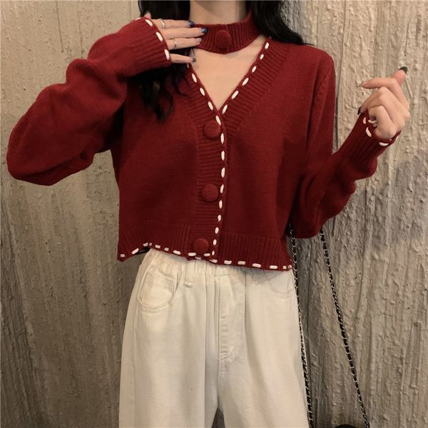 2021 autumn new long-sleeved loose short design sense v-neck knitted open stitch sweater and bib upgb, White;black
2021 autumn new long-sleeved loose short design sense v-neck knitted open stitch sweater and bib upgb, White;black