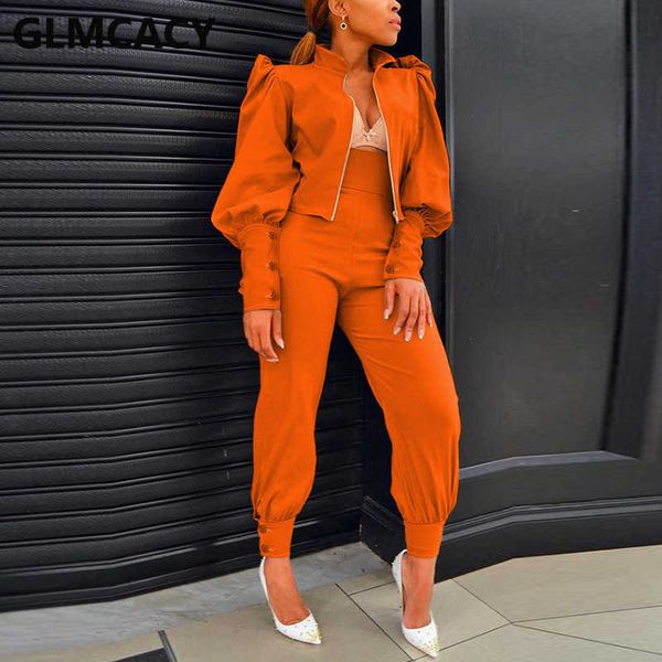 women two piece fall tracksuit lantern sleeve zip up jacket & slim pants set 210930, White
women two piece fall tracksuit lantern sleeve zip up jacket & slim pants set 210930, White