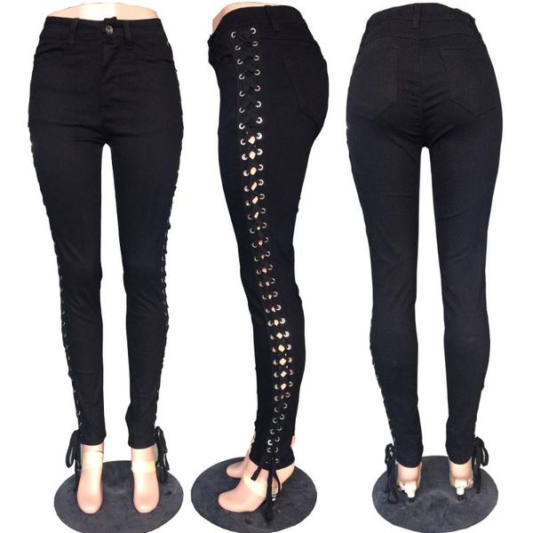 women's jeans black bandage pants leg side tie pleats personalized style women, Blue
women's jeans black bandage pants leg side tie pleats personalized style women, Blue