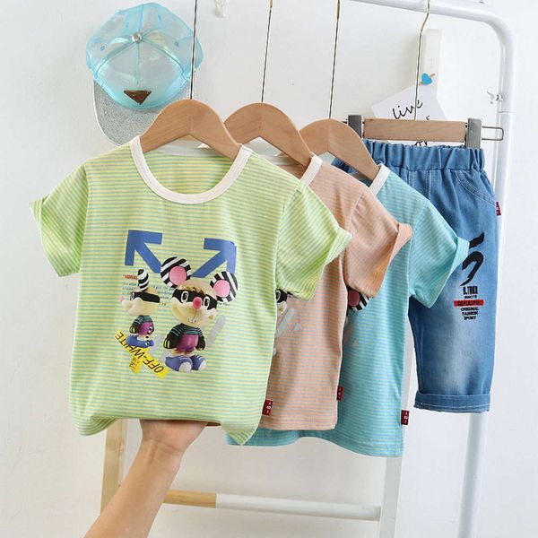 and summer children's short spring sleeve shorts two piece set new korean boys' striped t-shirt baby jeans, White
and summer children's short spring sleeve shorts two piece set new korean boys' striped t-shirt baby jeans, White