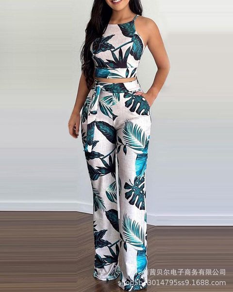 women's tracksuits 2021 european and american palm leaf print suspender trousers suit, Gray
women's tracksuits 2021 european and american palm leaf print suspender trousers suit, Gray
