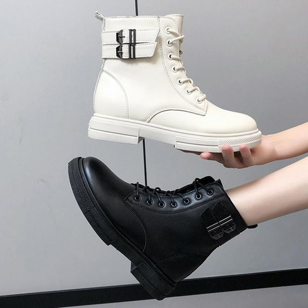 boots female 2021 pu leather women booties lace up white autumn shoes non-slip girl ankle a028, Black