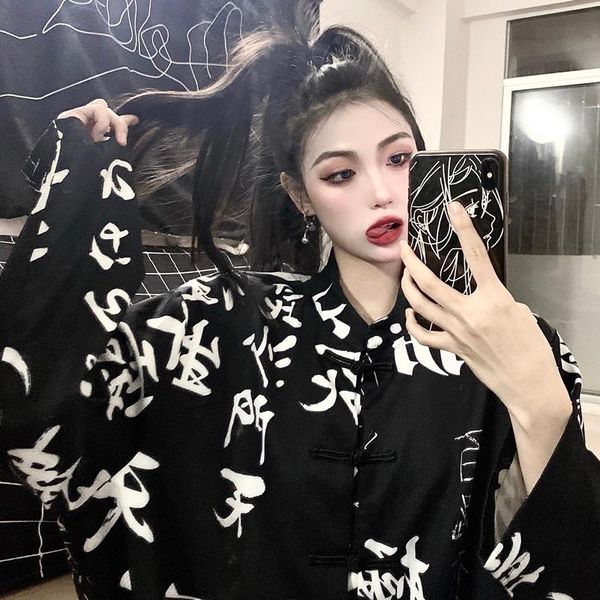 women's polos korean vintage harajuku outerwear punk clothes dark black chinese style loose hip-hop character print women shirt jacket, White
women's polos korean vintage harajuku outerwear punk clothes dark black chinese style loose hip-hop character print women shirt jacket, White