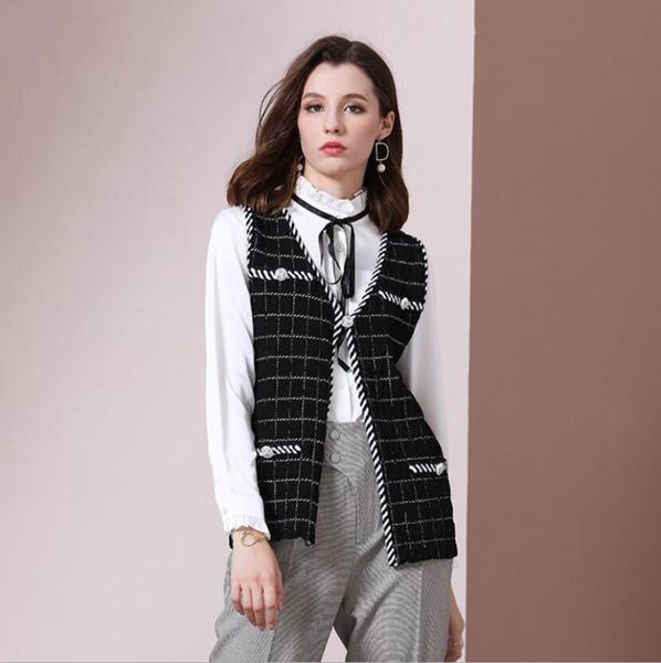 women's vests sleeveless jacket autumn vest women beaded knitted kamizelka damska black plaid cardigan coat tweed chalecos para mujer, Black;white
women's vests sleeveless jacket autumn vest women beaded knitted kamizelka damska black plaid cardigan coat tweed chalecos para mujer, Black;white