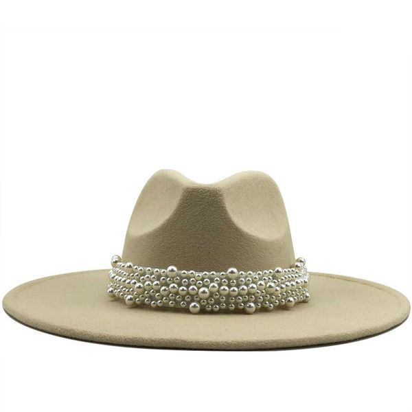 new women wide brim imitation wool felt fedora hats simple british style super big brim panama hats with pearl belt, Blue;gray
new women wide brim imitation wool felt fedora hats simple british style super big brim panama hats with pearl belt, Blue;gray