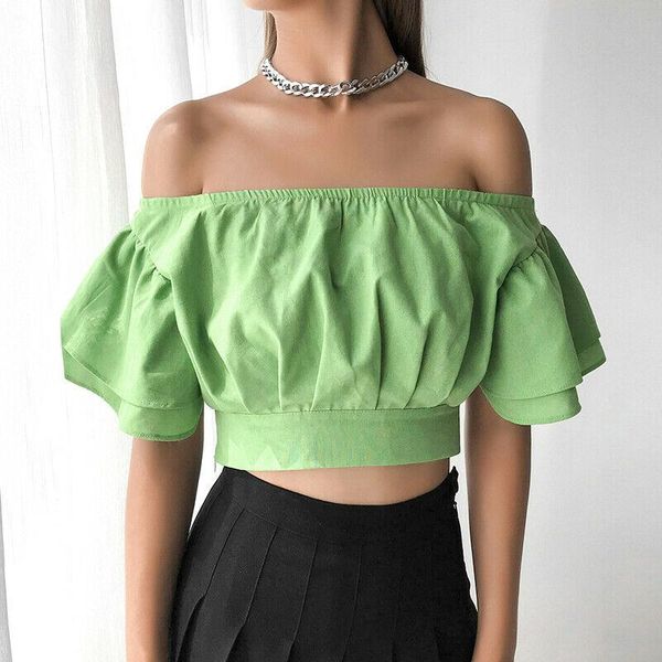 women's blouses & shirts 2021 women summer off shoulder bell sleeve crop fashion female green slash neck blouse short plain clothes, White
women's blouses & shirts 2021 women summer off shoulder bell sleeve crop fashion female green slash neck blouse short plain clothes, White