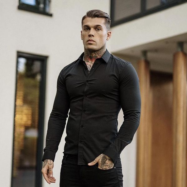 men's dress shirts arrivals autumn long sleeve shirt solid fitness mens turn down collar super slim fit business button, White;black