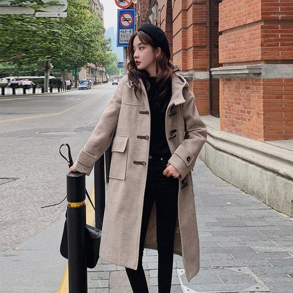women's wool & blends winter clothes women 2021 solid woolen mid-length horn button big pocket hooded loose casual fashionable jacket, Black
women's wool & blends winter clothes women 2021 solid woolen mid-length horn button big pocket hooded loose casual fashionable jacket, Black