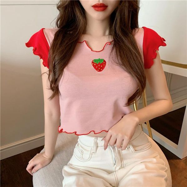women's t-shirt strawberry print v-neck sleeveless wooden ears women small flying sleeves short crop top, White
women's t-shirt strawberry print v-neck sleeveless wooden ears women small flying sleeves short crop top, White