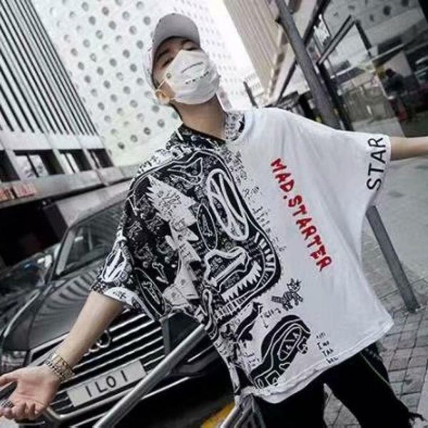 men's t-shirts summer hooded tide brand stitching printed t-shirt loose bat sleeves round neck korean trend hip-hop upper clothes, White;black
men's t-shirts summer hooded tide brand stitching printed t-shirt loose bat sleeves round neck korean trend hip-hop upper clothes, White;black