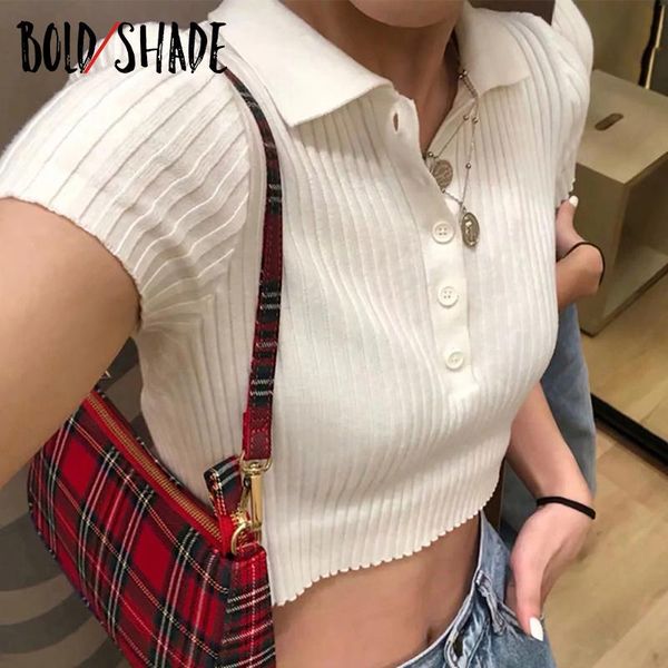 women's t-shirt bold shade grunge preppy style solid ribbed button knitting crop tees short sleeve for women turn-down collar slim t-sh, White
women's t-shirt bold shade grunge preppy style solid ribbed button knitting crop tees short sleeve for women turn-down collar slim t-sh, White