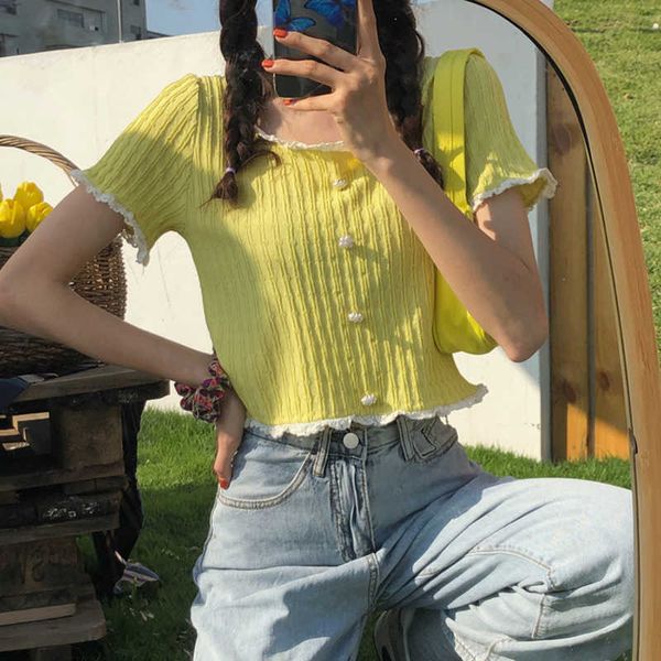 women's t-shirt korean maiden wind frilly lace patchwork pearl button knit cropped ladies summer candy color cute womens t sh, White
women's t-shirt korean maiden wind frilly lace patchwork pearl button knit cropped ladies summer candy color cute womens t sh, White