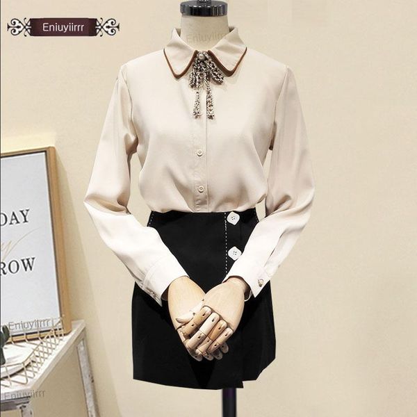 women's blouses & shirts women 2021 design long sleeve ribbon bow tie office lady cute button blouse e6312, White
women's blouses & shirts women 2021 design long sleeve ribbon bow tie office lady cute button blouse e6312, White