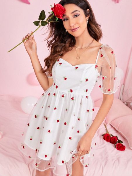 puff sleeve floral embroidery organza dress r3c7#, Black;gray
puff sleeve floral embroidery organza dress r3c7#, Black;gray