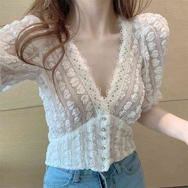 lady v-neck short puff sleeved cutout lace shirt women summer slim fashion elegant vintage blouse p044 210527, White
lady v-neck short puff sleeved cutout lace shirt women summer slim fashion elegant vintage blouse p044 210527, White