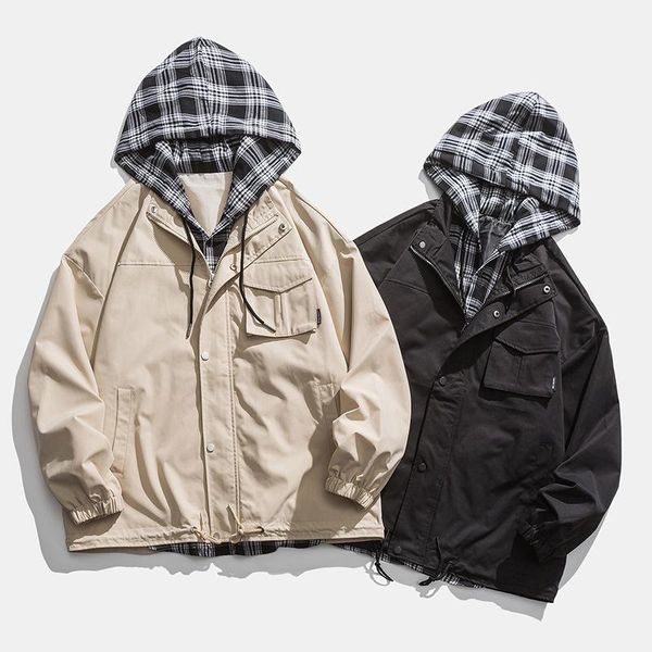 men's jackets tooling fake two-piece hooded jacket spring autumn tide brand japanese plaid loose windbreaker casual, Black;brown
men's jackets tooling fake two-piece hooded jacket spring autumn tide brand japanese plaid loose windbreaker casual, Black;brown