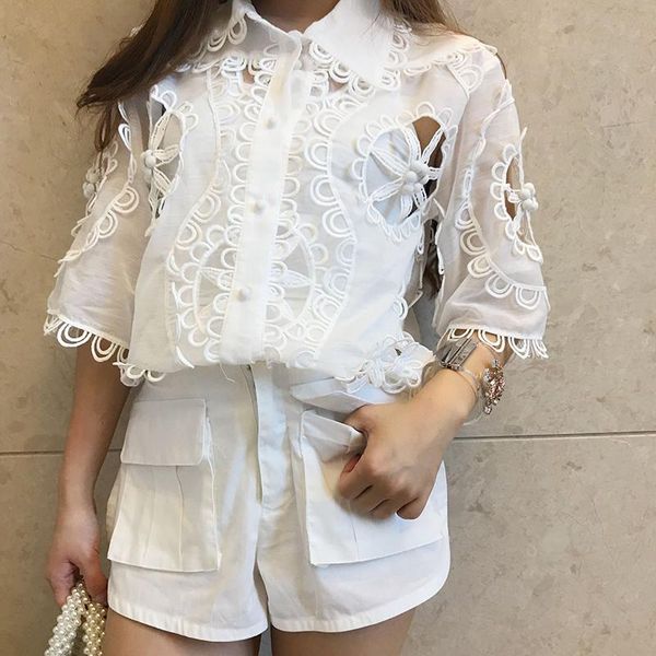 summer women's set half short sleeves lace sideline hollow out white blouse + pockets short casual two piece set, Gray 
summer women's set half short sleeves lace sideline hollow out white blouse + pockets short casual two piece set, Gray